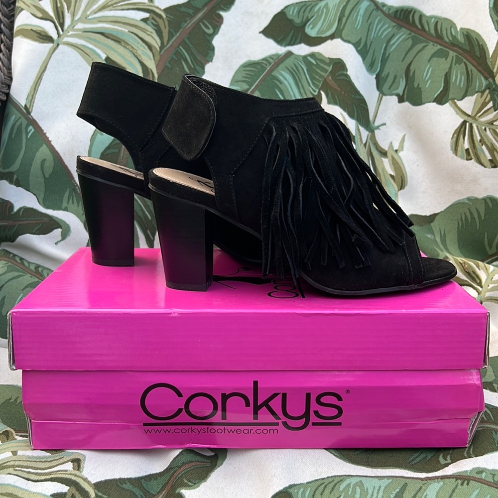 Corey’s Black Suede Open Toe Bootie Sandal WAHOO SIZE 9